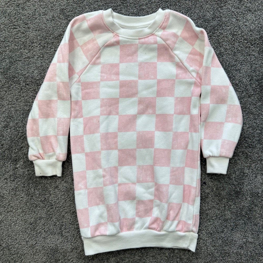 Grayson Mini Girls Pink White Checkered Sweatshirt Dress 5T Fleece Raglan Sleeve